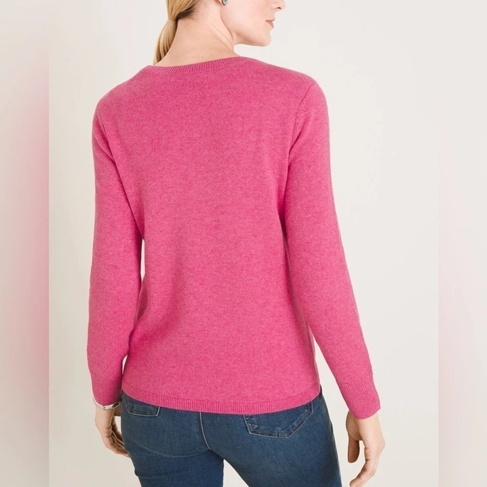 Chicos Womens Sweater Sz 2 Large Pink Wool Cashmere Blend Knit Peace Love Chic